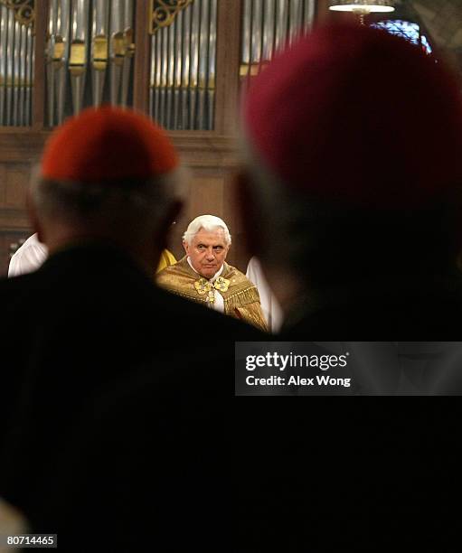 Pope Benedict XVI conducts a private prayer service prior to a meeting with 350 bishops of the United States at crypt church of the Basilica of the...