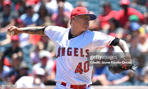 Jesse Chavez of the Los Angeles Angels of Anaheim in the first inning of the game against the Seattle Mariners at Angel Stadium of Anaheim on July 2,...