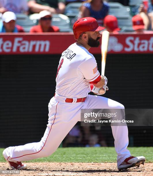 Danny Espinosa of the Los Angeles Angels of Anaheim at bat in the game against the Seattle Mariners at Angel Stadium of Anaheim on July 2, 2017 in...