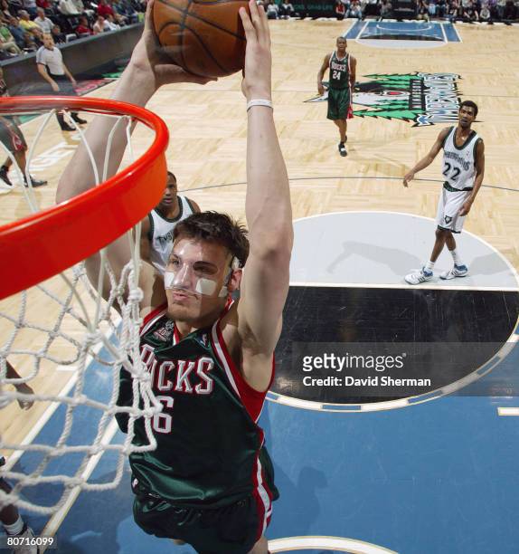 Andrew Bogut of the Milwaukee Bucks dunks against the Minnesota Timberwolves on April 16, 2008 at the Target Center in Minneapolis, Minnesota. NOTE...