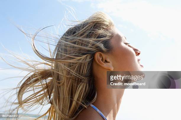young woman on beach with wind-swept hair close up side view head shot - human hair strand stock pictures, royalty-free photos & images
