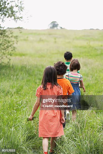 group of children walking across meadow - 子供のみ ストックフォトと画像