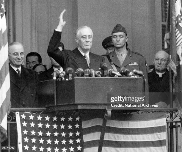 President Franklin D. Roosevelt gives his fourth Inaugural speech January 20, 1945 outside the south portico of the White House in Washington D.C.