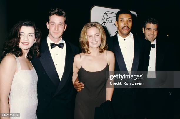 Actress Julianna Margulies, actor Noah Wyle, actress Sherry Stringfield, actor Eriq La Salle and actor George Clooney attend the 52nd Annual Golden...