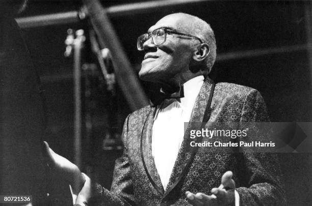 Singer Bull Moose Jackson performs onstage with band leader Johnny Otis on July 18, 1985 in Nice, France.