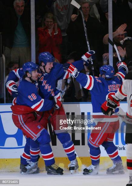 Marc Staal of the New York Rangers celebrates his goal at 16:47 of the third period against the New Jersey Devils in game four of the Eastern...