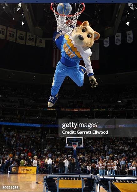 The Denver Nuggets mascot Rocky throws it down against the Memphis Grizzlies on April 16, 2008 at the Pepsi Center in Denver, Colorado. NOTE TO USER:...