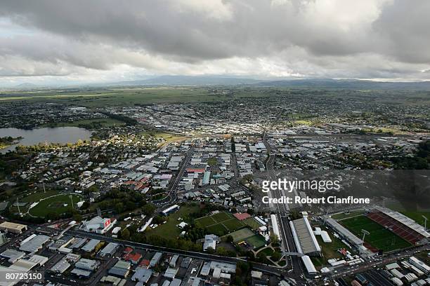 An aerial view of the Hamilton Street Circuit prior to the Hamilton 400 which is round three of the V8 Supercars at the Hamilton City Street Circuit...