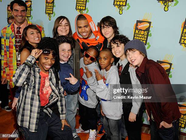 Singer Chris Brown and The Naked Brothers Band arrive on the red carpet at Nickelodeon's 2008 Kids' Choice Awards held at the Pauley Pavilion on...