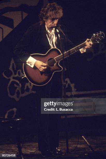 American musician Bob Dylan in concert, 1987.