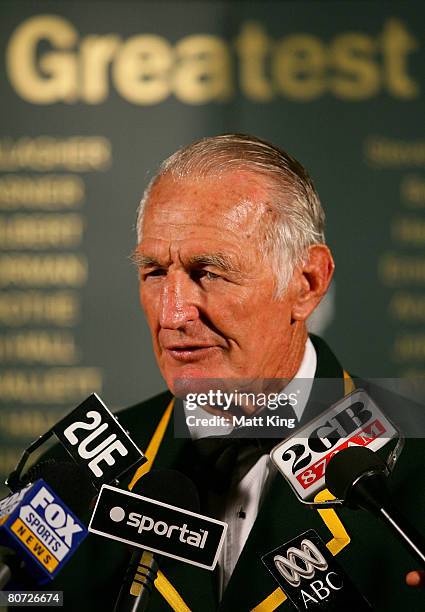 Norm Provan speaks to the media after being named in the second row in the Rugby League Team of the Century during the Rugby League Team of the...