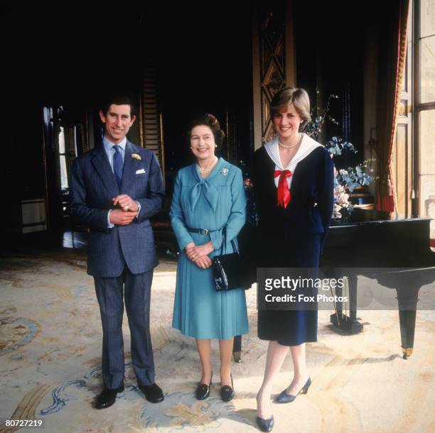 Prince Charles and his fiancee Lady Diana Spencer with Queen Elizabeth II at Buckingham Palace, 7th March 1981.