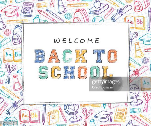 ilustrações de stock, clip art, desenhos animados e ícones de back to school background with line art icons - regresso-às-aulas