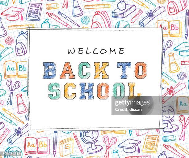 back to school background with line art icons - chalk art equipment stock illustrations