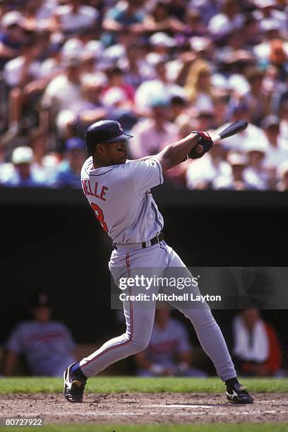 Albert Belle of the Cleveland Indians bats during a baseball game against the Baltimore Orioles on June 10, 1995 at Camden Yards in Baltimore,...