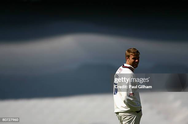 Andrew Flintoff of Lancashire looks on during day two of four of the LV County Championship Division One match between Surrey and Lancashire at The...