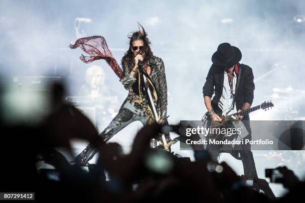 Singer Steven Tyler and guitarist Joe Perry, members of the band Aerosmith, in concert at Firenze Rocks Festival. Florence, Italy. 23rd June 2017