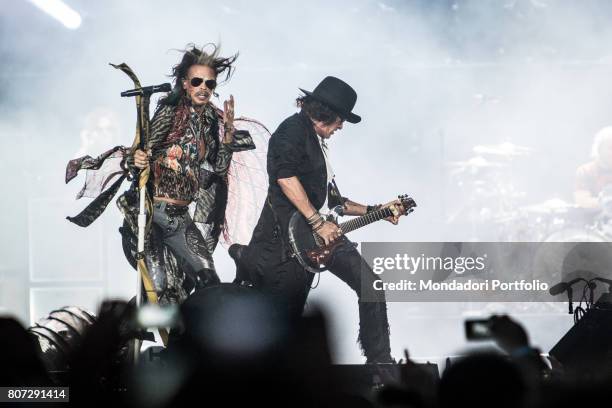 Singer Steven Tyler and guitarist Joe Perry, members of the band Aerosmith, in concert at Firenze Rocks Festival. Florence, Italy. 23rd June 2017