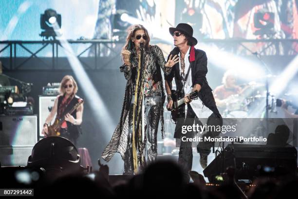 Singer Steven Tyler and guitarist Joe Perry, members of the band Aerosmith, in concert at Firenze Rocks Festival. Florence, Italy. 23rd June 2017