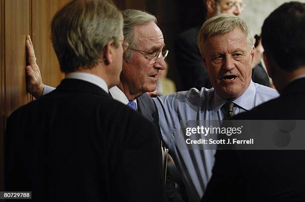 April 16: Senate Agriculture Chairman Tom Harkin, D-Iowa, and House Agriculture Chairman Collin C. Peterson, D-Minn., talk with aides before the...