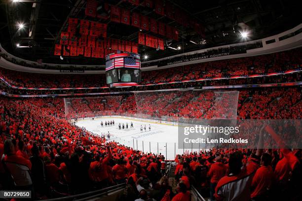 General view as Lauren Hart sings a duet of God Bless America with a recording of Kate Smith before the start of the game between the Washington...