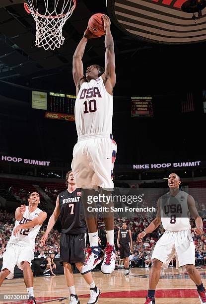 Al-Farouq Aminu of Team USA goes to the basket in the game against Team World during the Nike Hoop Summit on April 12, 2008 at the Rose Garden in...