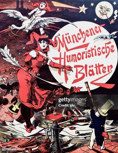 stockillustraties, clipart, cartoons en iconen met symbolische afbeelding van humoristische tijdschrift, boeken, vliegende gans, joker vrouw, 1889 - joker card