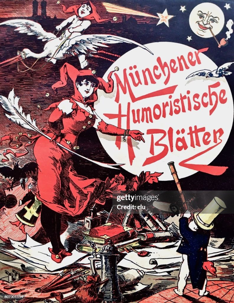 Ilustração simbólica da revista humorística, ganso voador, livros, mulher do Coringa, 1889