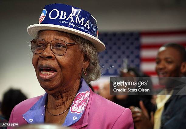 Mary Poole cheers for Democratic presidential candidate Senator Barack Obama at a town hall style meeting at the North Carolina State Fairgrounds...