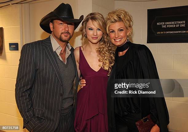 Musician Tim McGraw, singer Taylor Swift and singer Faith Hill seen backstage during the 2008 CMT Awards at Curb Event Center at Belmont University...