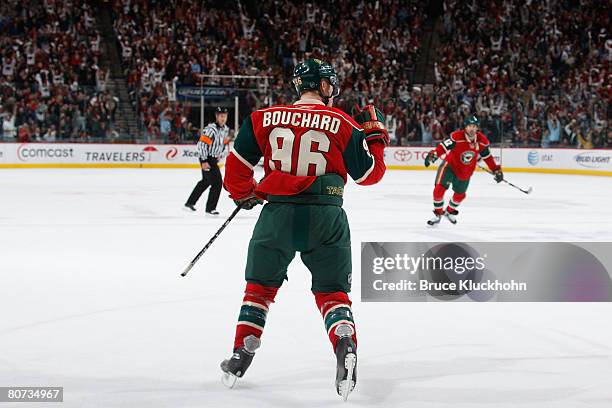 During Game Five of the Western Conference Quarter-Final of the Stanley Cup Playoffs Pierre-Marc Bouchard of the Minnesota Wild celebrates after...