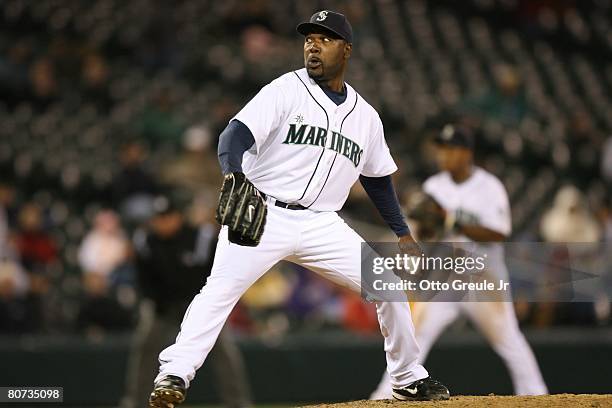 Arthur Rhodes of the Seattle Mariners pitches against the Kansas City Royals on April 15, 2008 at Safeco Field in Seattle, Washington.