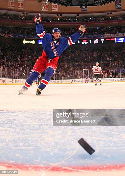 Jaromir Jagr of the New York Rangers celebrates a goal against the New Jersey Devils during game four of the Eastern Conference Quarterfinals of the...