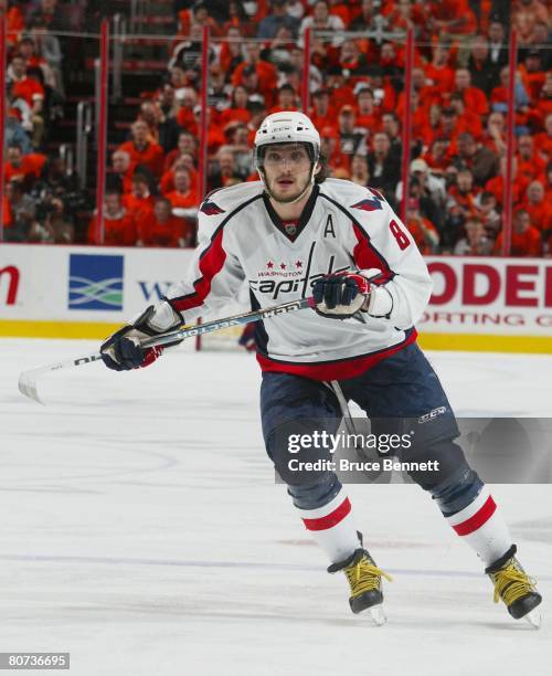 Alex Ovechkin of the Washington Capitals skates against the Philadelphia Flyers in game three of the Eastern Conference Quarterfinals of the 2008 NHL...