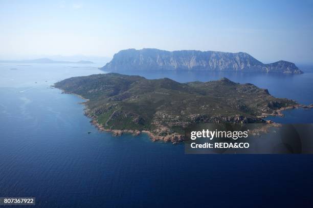 Aerial view. Molara and Tavolara island. Loiri Porto San Paolo. Sardinia. Italy.