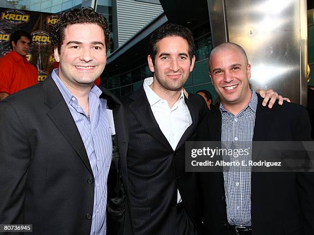 Director Jon Hurwitz, director Hayden Schlossberg and producer Nathan Kahane arrive at New Line Cinema's premiere of "Harold & Kumar Escape from...