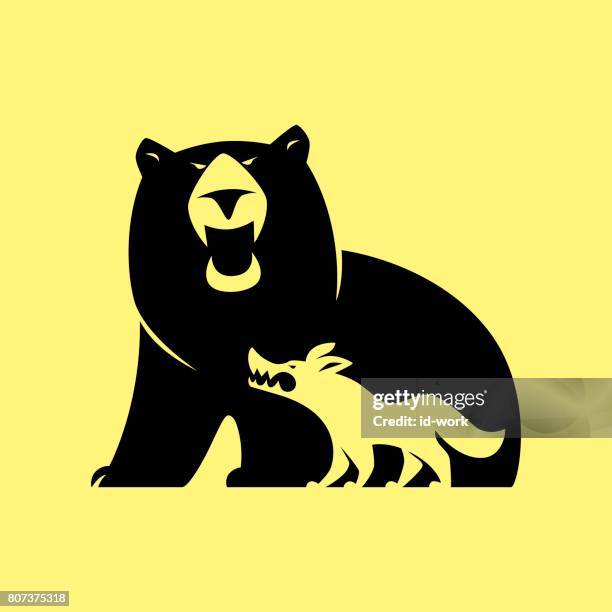 stockillustraties, clipart, cartoons en iconen met boze beer en wolf symbool - bear attacking