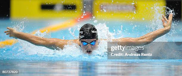 Antje Buschschulte of SC Magdeburg is seen in action during the Women's 100 m Butterfly qualifying during day one of the German Swimming...