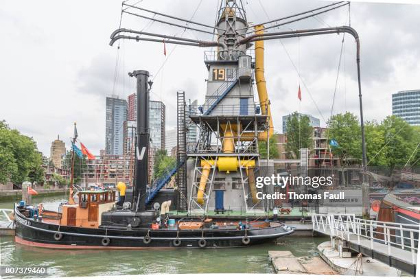 barcos en los muelles viejos en rotterdam, países bajos - rio nieuwe maas fotografías e imágenes de stock