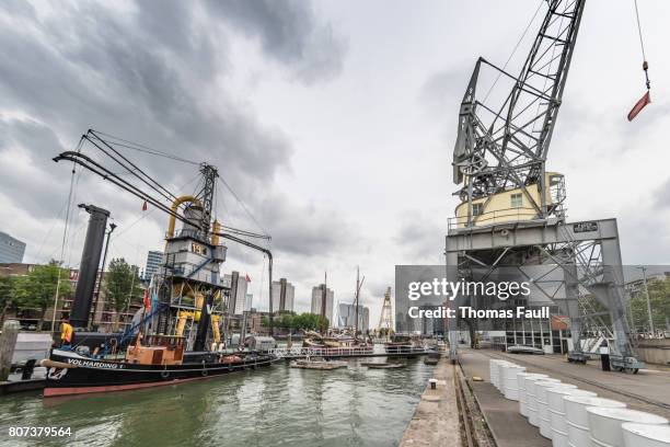 barcos y grúas en el muelle viejo en rotterdam, países bajos - rio nieuwe maas fotografías e imágenes de stock