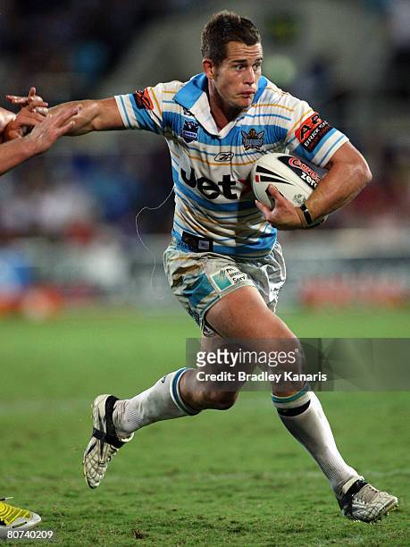 Ashley Harrison of the Titans makes a break during the round six NRL match between the Gold Coast Titans and the Brisbane Broncos at Skilled Stadium...