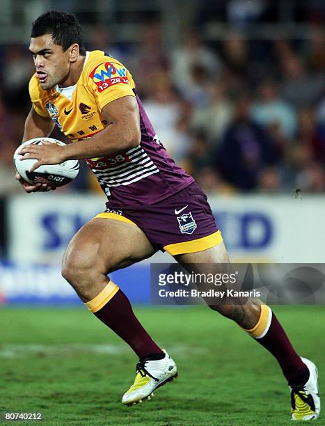Karmichael Hunt of the Broncos runs with the ball during the round six NRL match between the Gold Coast Titans and the Brisbane Broncos at Skilled...