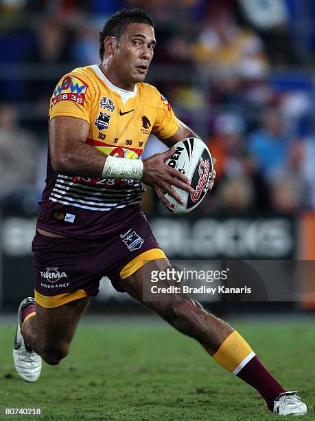 Justin Hodges of the Broncos steps of his left foot during the round six NRL match between the Gold Coast Titans and the Brisbane Broncos at Skilled...