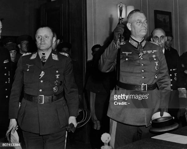 German General Hans-Jürgen Stumpff of the Luftwaffe and German Field Marshal and German chief-of-staff Wilhelm Keitel arrive at the headquarters of...