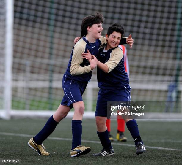 Hamm players celebrate a goal against Lincoln City during the 25th Valley Parade Memorial Tournament at Marley Activities and Coaching Centre,...