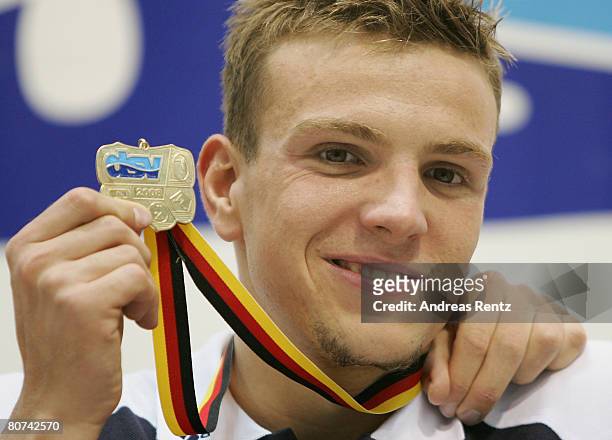 Paul Biedermann of SV Halle wins in the Men's 400 m Freestyle final during day one of the German Swimming Championships on April 18, 2008 in Berlin,...
