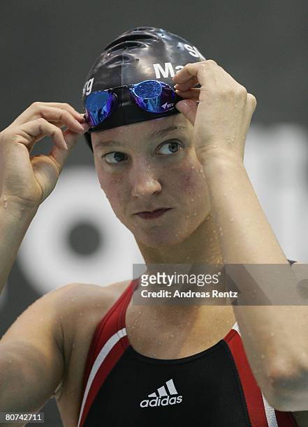 Antje Buschschulte of SC Magdeburg looks on during the Women's 100 m Butterfly final during day one of the German Swimming Championships on April 18,...