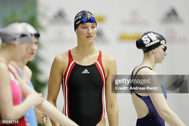 Antje Buschschulte of SC Magdeburg looks on during the Women's 100 m Butterfly final during day one of the German Swimming Championships on April 18,...