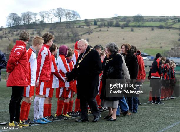 Major Of Bradford John Godward shakes hands with players of Hamm and Lincoln City before the final of The Under 14s Valley Parade Memorial...