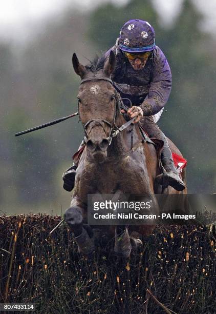 Sang Bleu ridden by Sean Flanagan jumps the last to win the Irish Daily Mirror Handicap steeple Chase during the Easter Festival at Fairyhouse...